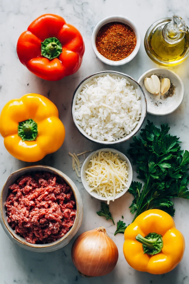 Overhead flat lay of all ingredients needed for classic stuffed bell peppers including bell peppers, ground beef, rice, cheese, and spices