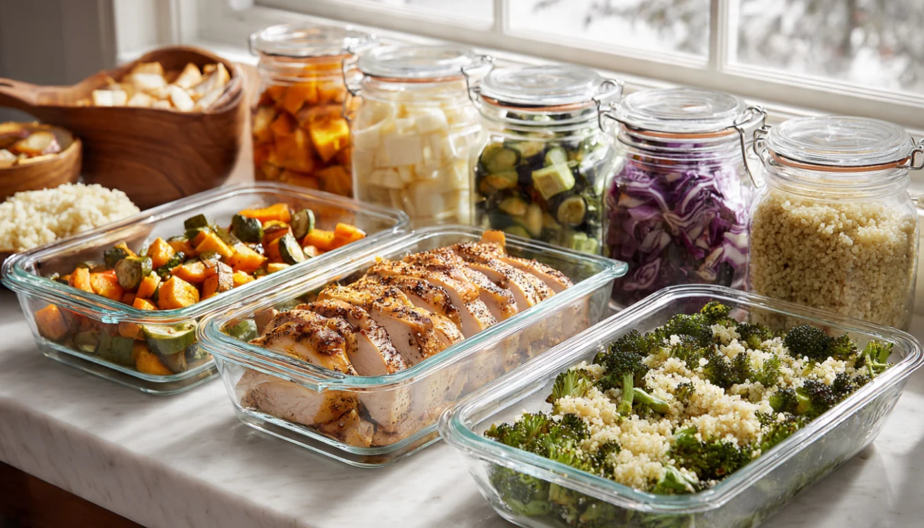 Glass meal prep containers filled with quinoa, roasted vegetables and chicken on a kitchen counter