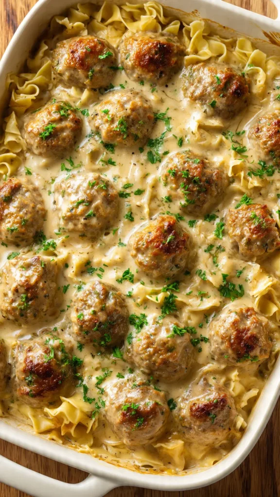 Swedish meatball casserole in a white baking dish with creamy gravy and egg noodles topped with fresh parsley