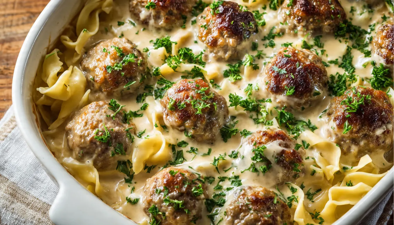 Swedish meatball casserole in a white baking dish with creamy gravy and egg noodles topped with fresh parsley
