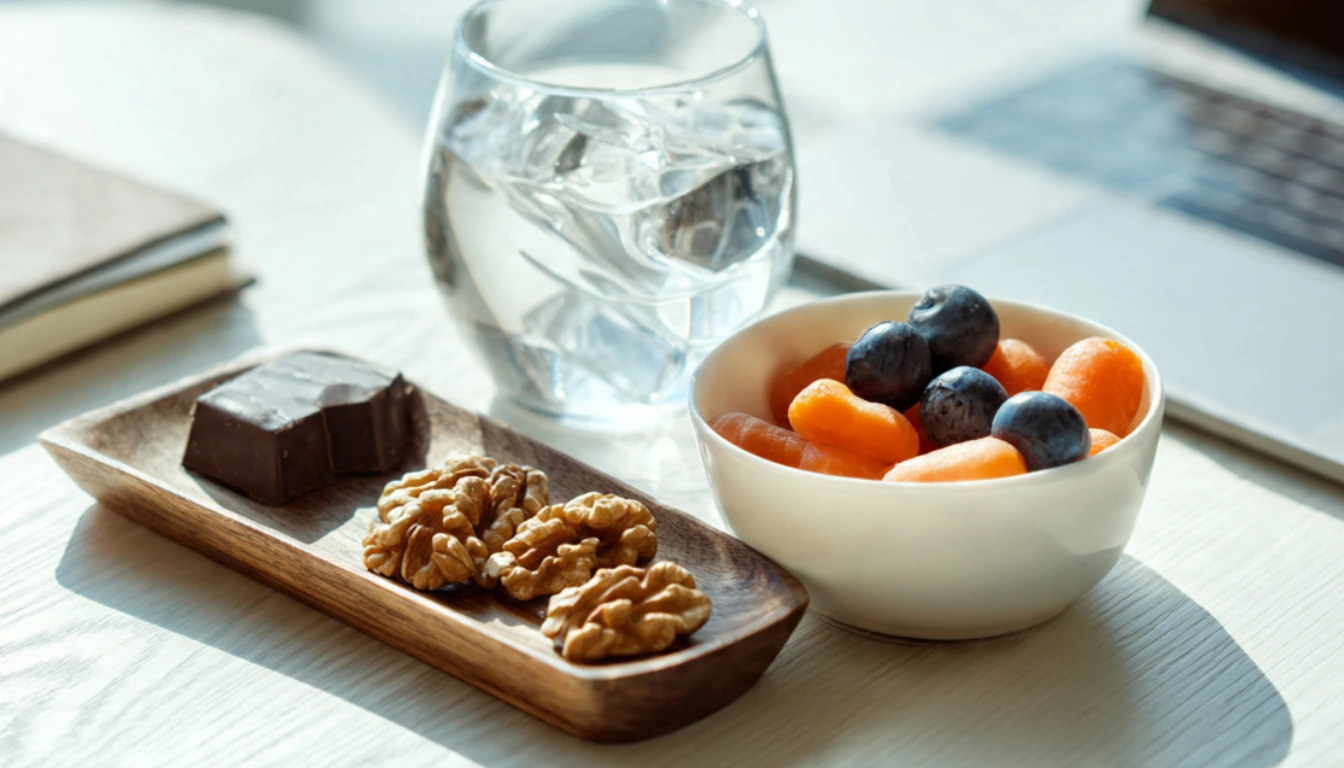 A flat lay of healthy brain-boosting snacks on an office desk including walnuts, dark chocolate, blueberries, and carrots next to a laptop
