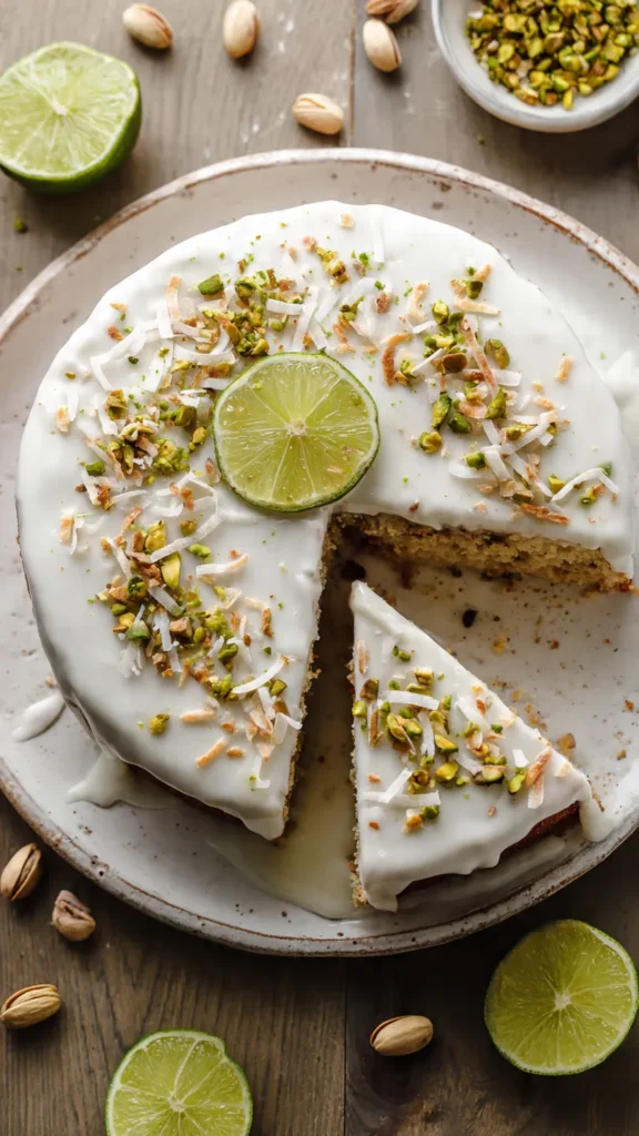 A moist pistachio cake with coconut cream and lime glaze, perfect for birthdays and special occasions. This easy homemade cake features vibrant green pistachio color and tropical flavors.