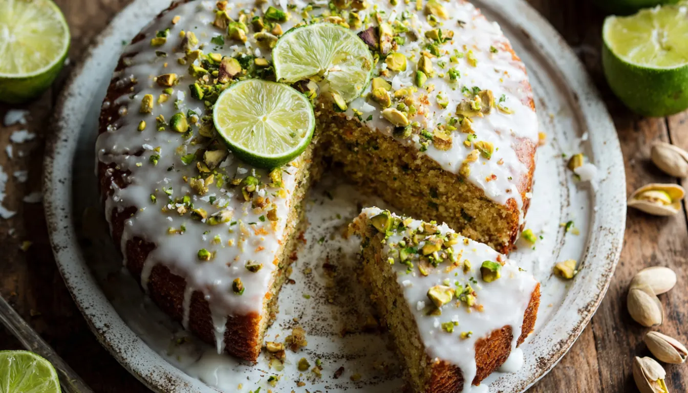 A moist pistachio cake with coconut cream and lime glaze, perfect for birthdays and special occasions. This easy homemade cake features vibrant green pistachio color and tropical flavors.