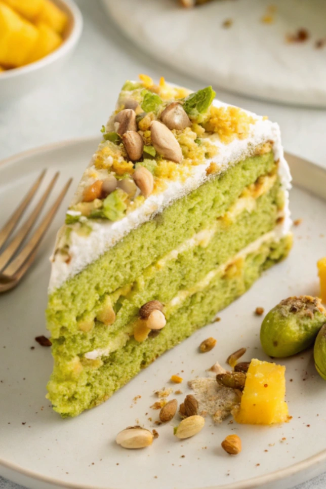 Slice of Tropical Pistachio Bliss Cake on white plate with pistachios, toasted coconut and mango cubes