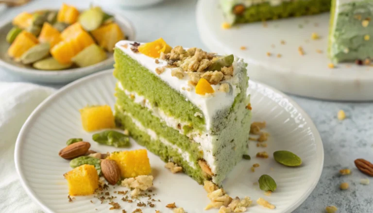 Slice of Tropical Pistachio Bliss Cake on white plate with pistachios, toasted coconut and mango cubes