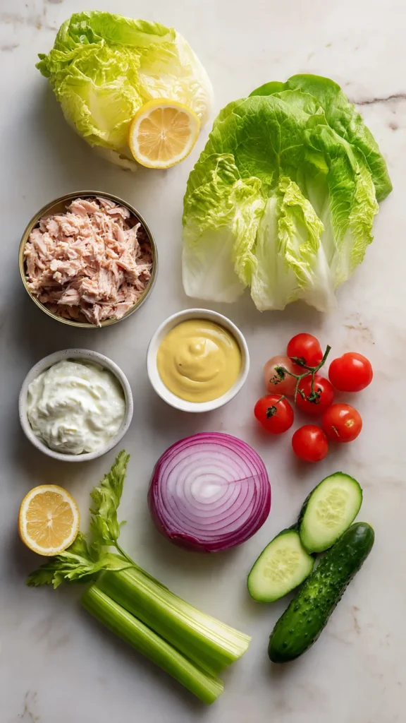 All ingredients needed for tuna lettuce wraps including canned tuna, Greek yogurt, butter lettuce, vegetables, and lemon