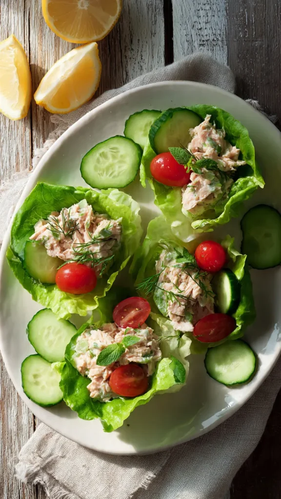 Fresh tuna lettuce wraps served on a white plate with cherry tomatoes and cucumber, ready to eat