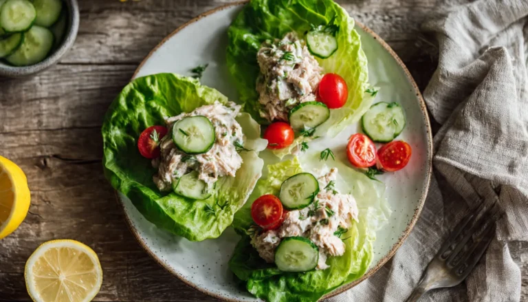 Fresh tuna lettuce wraps served on a white plate with cherry tomatoes and cucumber, ready to eat