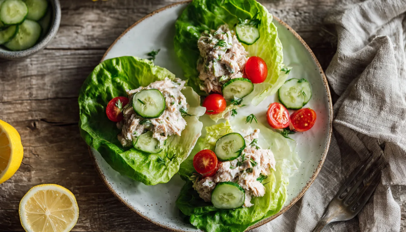 Fresh tuna lettuce wraps served on a white plate with cherry tomatoes and cucumber, ready to eat