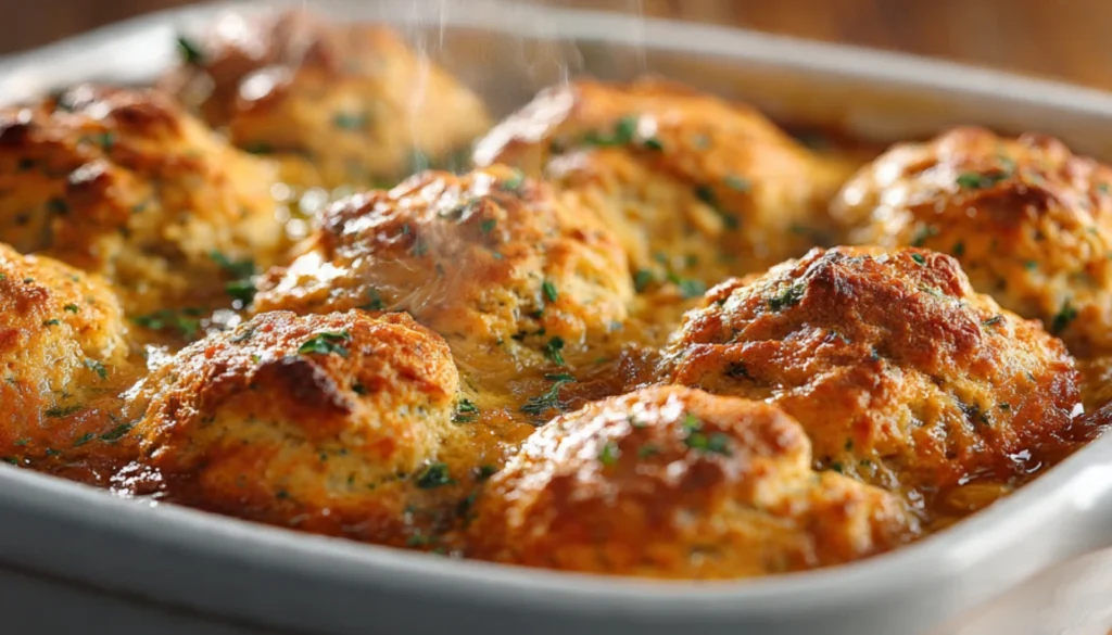Ultimate Cheddar Bay ground beef cobbler in a white baking dish with golden biscuits glistening with garlic butter