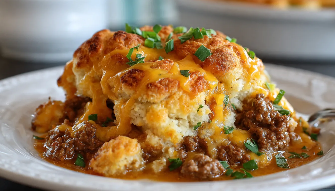 Ultimate Cheddar Bay ground beef cobbler in a white baking dish with golden biscuits glistening with garlic butter