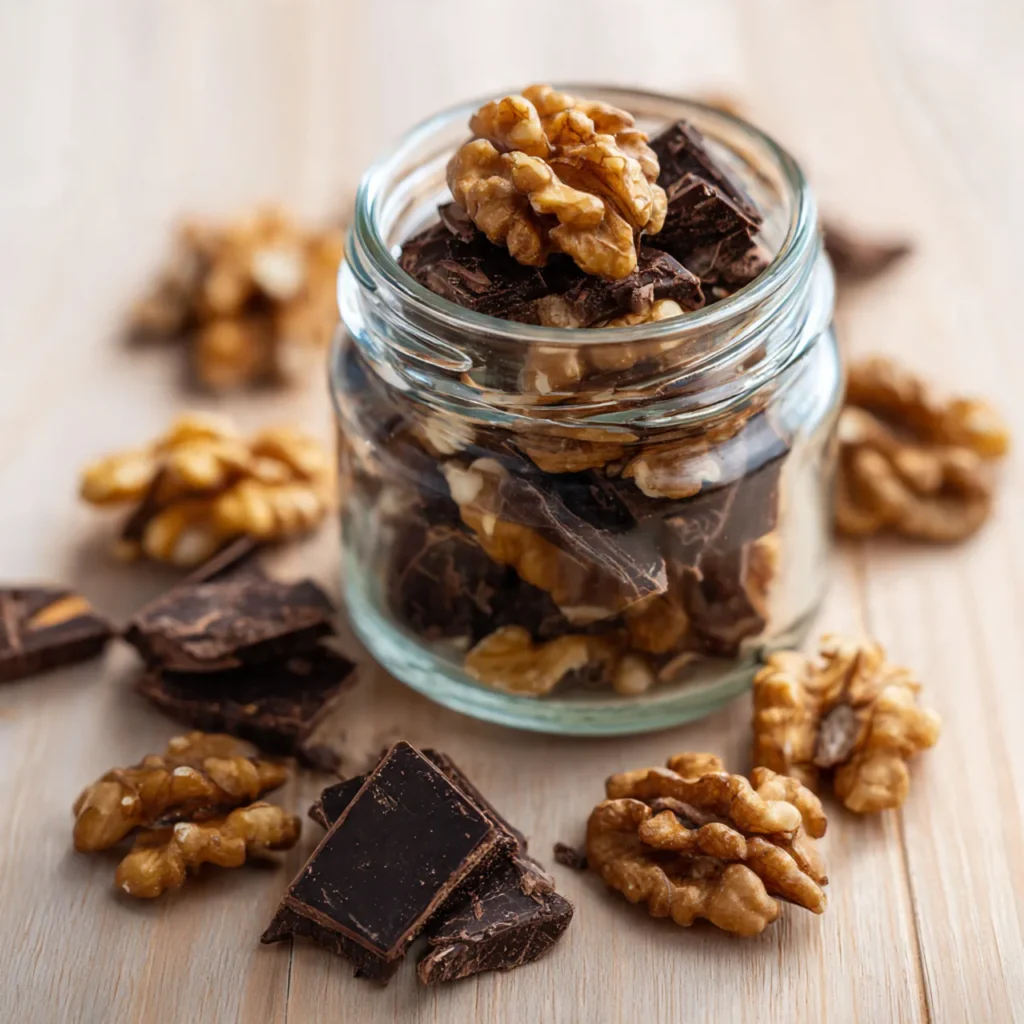 A glass jar filled with walnuts and dark chocolate pieces on a wooden surface, a healthy brain-boosting snack for desk workers