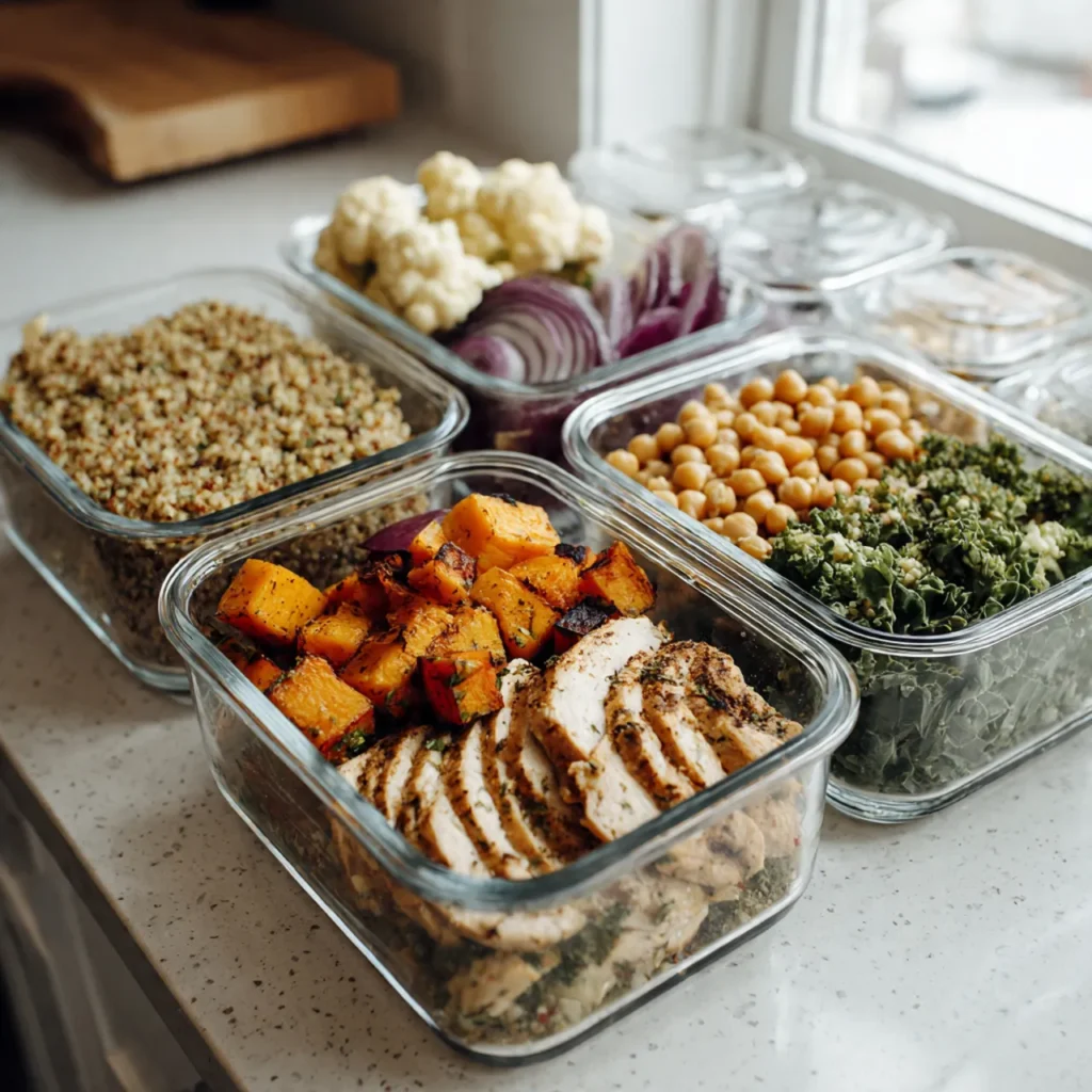 Four glass meal prep containers on a kitchen counter filled with quinoa, roasted vegetables, grilled chicken, and greens for building one-bowl lunches all week