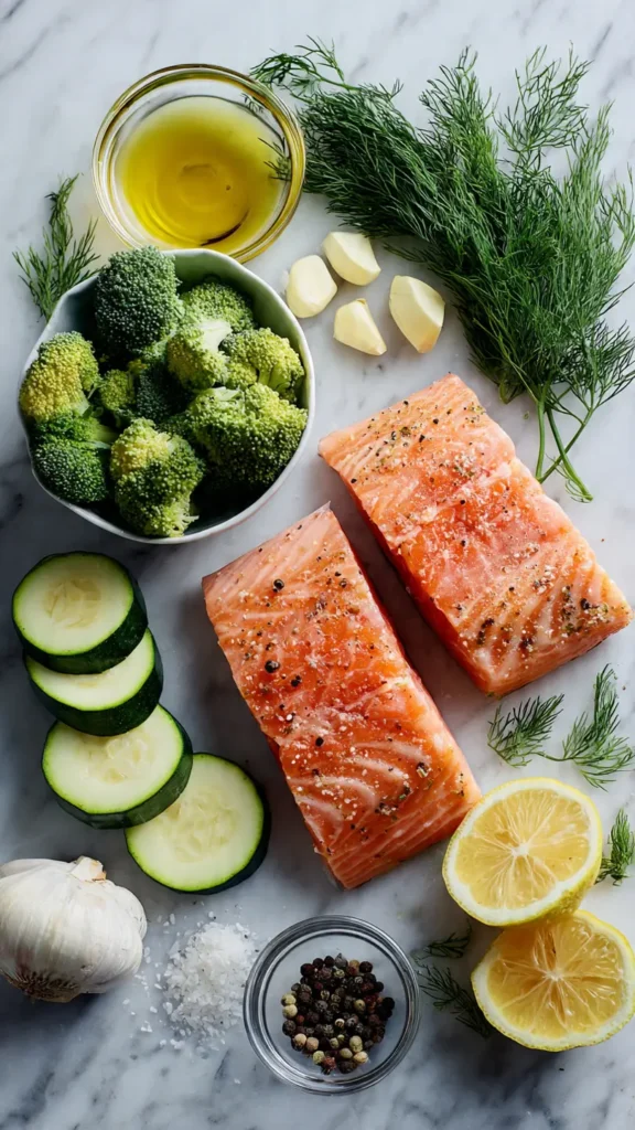 Ingredients for baked salmon with steamed veggies including raw salmon fillets, broccoli, zucchini, lemon, garlic, olive oil, and fresh dill arranged on marble surface