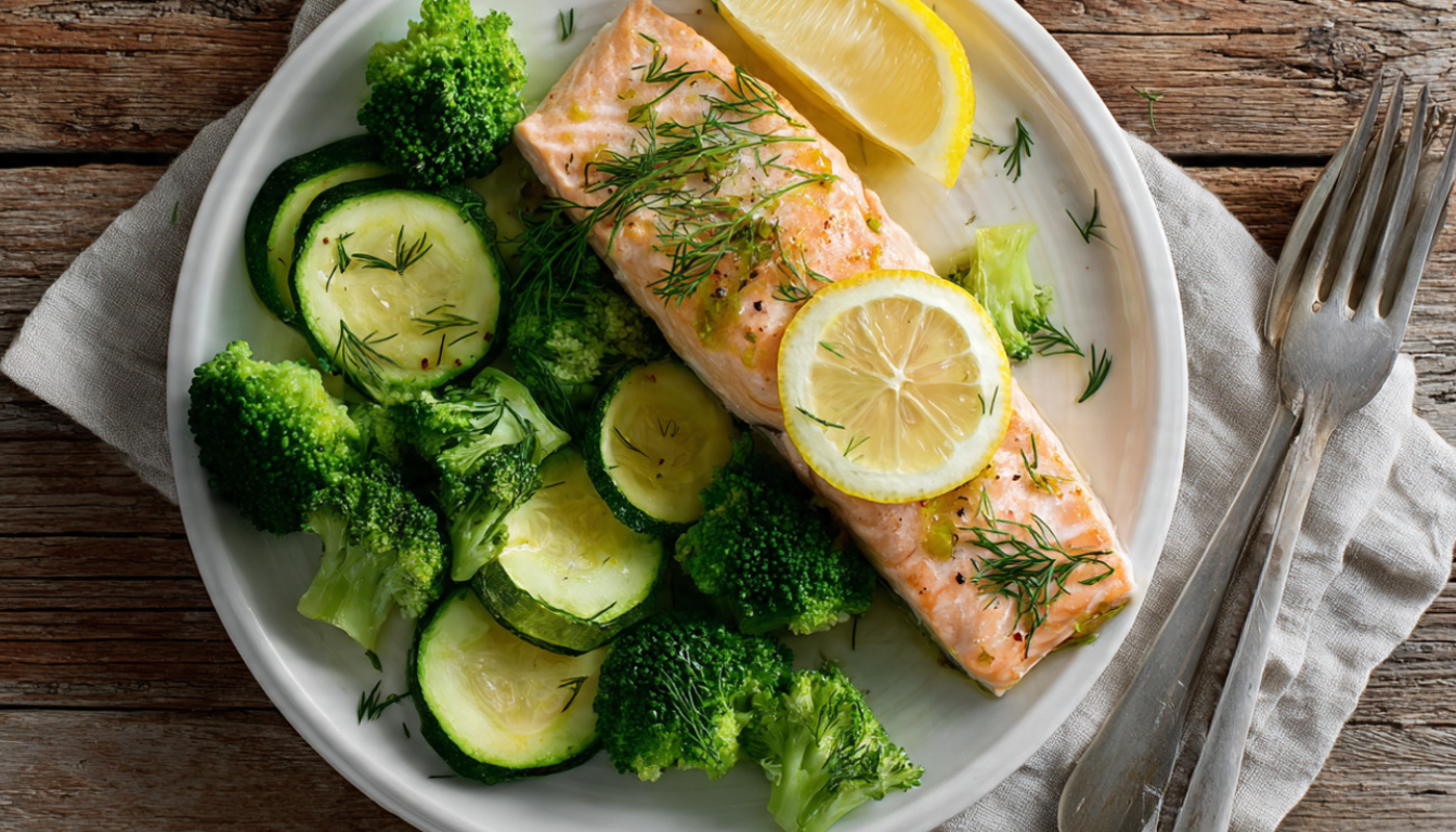 Baked salmon fillet topped with lemon and dill served with steamed broccoli and zucchini on a white plate, a healthy low-calorie dinner option