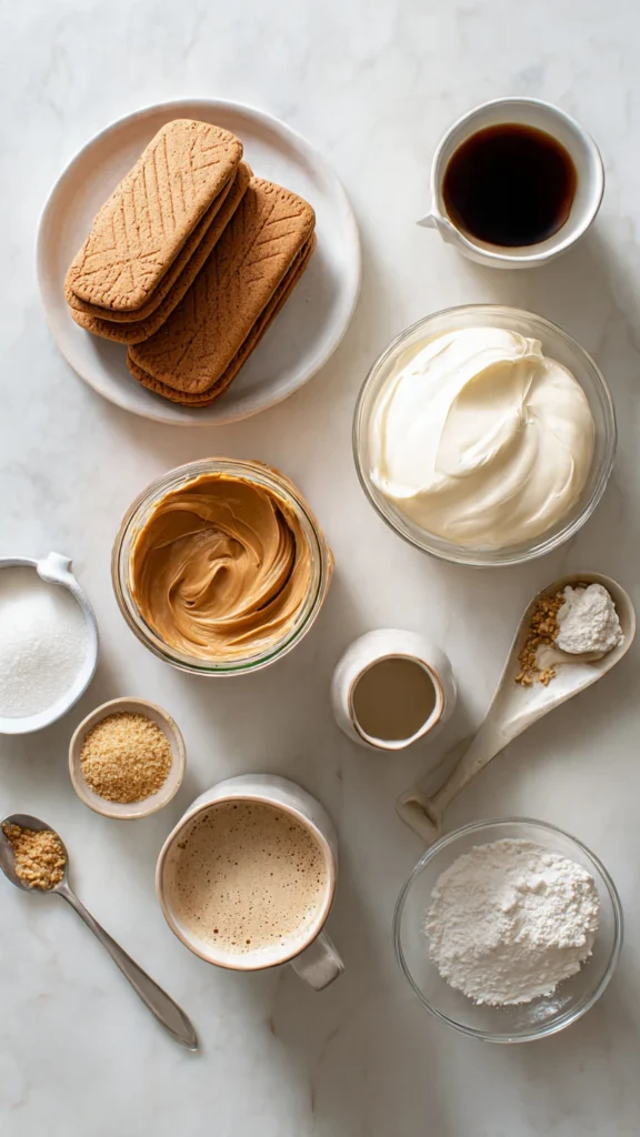 All ingredients for Biscoff tiramisu including speculoos cookies, cookie butter spread, mascarpone cheese, heavy cream, and coffee arranged on marble surface