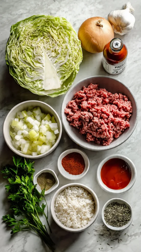 Ingredients for crockpot cabbage roll casserole including ground beef, cabbage, rice, tomatoes, and seasonings