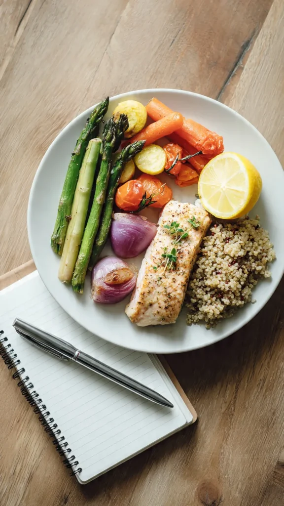 Balanced portion control plate with vegetables, lean protein, and whole grains for weight loss
