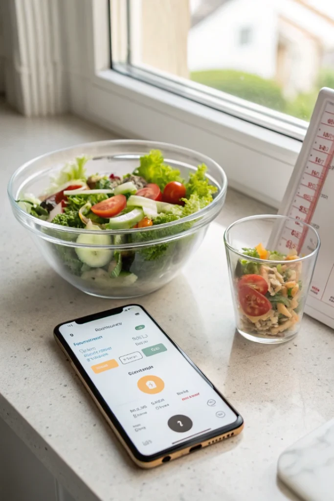 Smartphone with calorie tracking app next to a healthy salad and measuring cup on kitchen counter