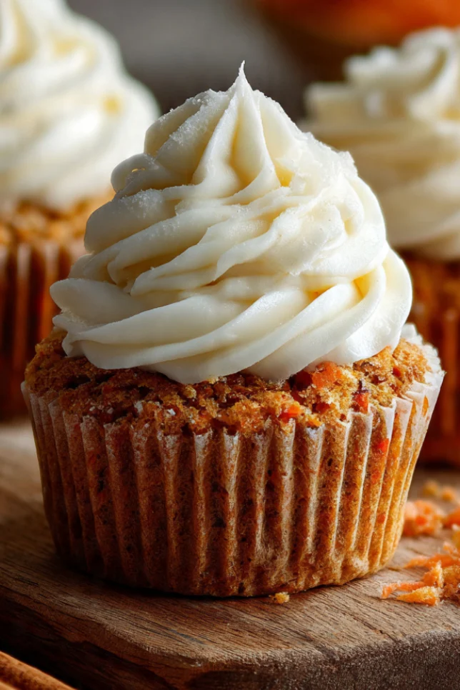 Three homemade carrot cream cheese cupcakes on a wooden board, one sliced open showing moist orange crumb, topped with tall swirls of cream cheese frosting