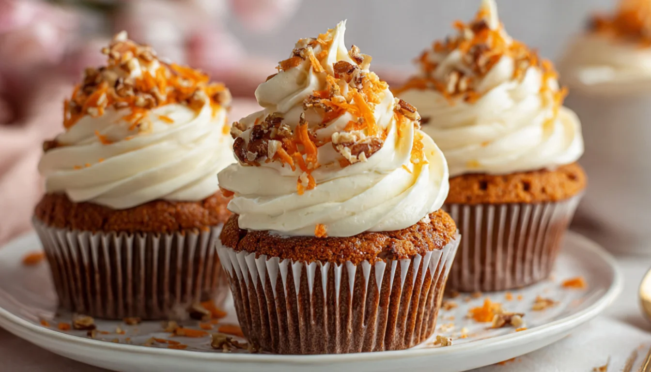 Three homemade carrot cream cheese cupcakes on a wooden board, one sliced open showing moist orange crumb, topped with tall swirls of cream cheese frosting