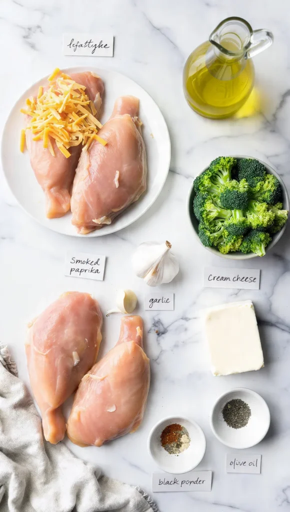 Flat lay of ingredients for cheesy broccoli stuffed chicken including raw chicken breasts, cheddar, broccoli florets, cream cheese and spices on marble