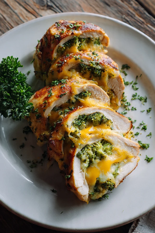 Cheesy broccoli stuffed chicken breast sliced open on a white plate showing melted cheddar and broccoli filling