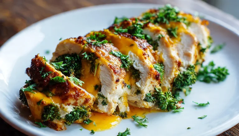 Cheesy broccoli stuffed chicken breast sliced open on a white plate showing melted cheddar and broccoli filling