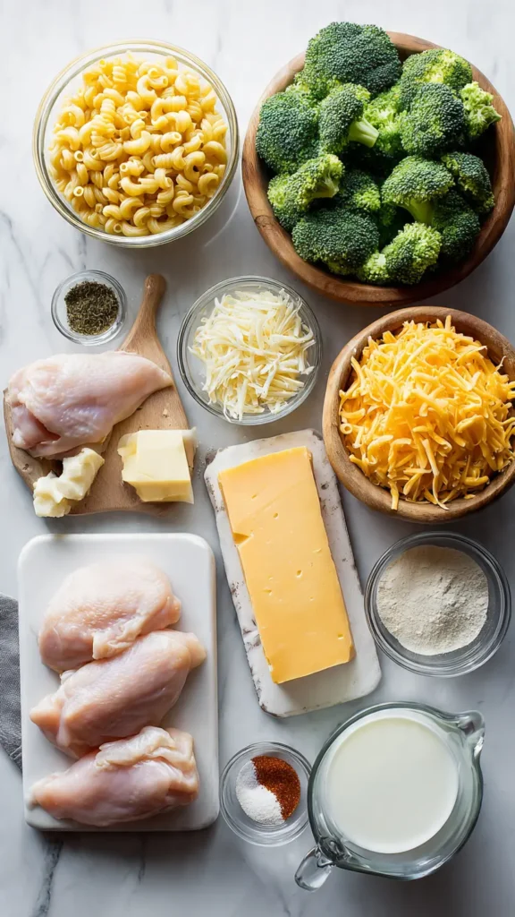 Ingredients for cheesy chicken broccoli mac including pasta, raw chicken, broccoli, sharp cheddar cheese, butter, flour, milk, and seasonings arranged on marble counter
Ingredients for cheesy chicken broccoli mac including pasta, raw chicken, broccoli, sharp cheddar cheese, butter, flour, milk, and seasonings arranged on marble counter