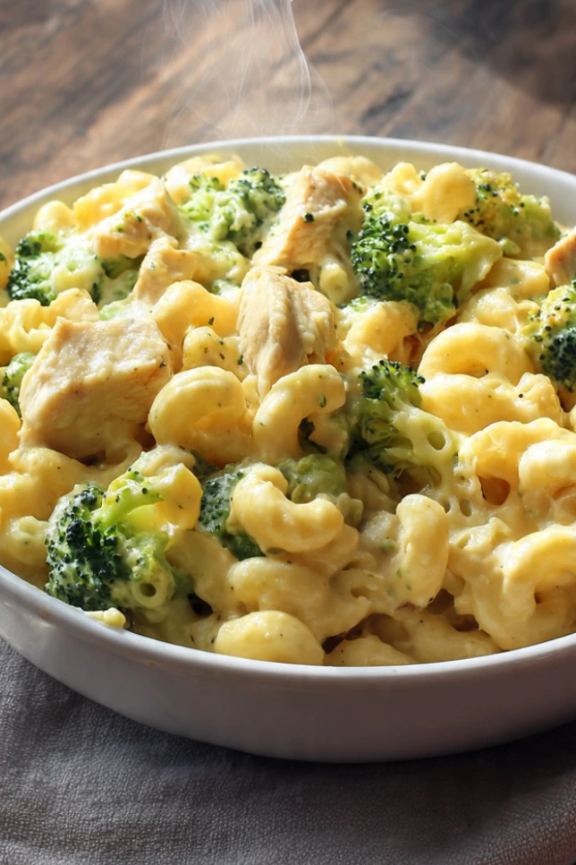 Creamy cheesy chicken broccoli mac in a white bowl with golden cheese sauce, tender chicken pieces, and bright green broccoli florets