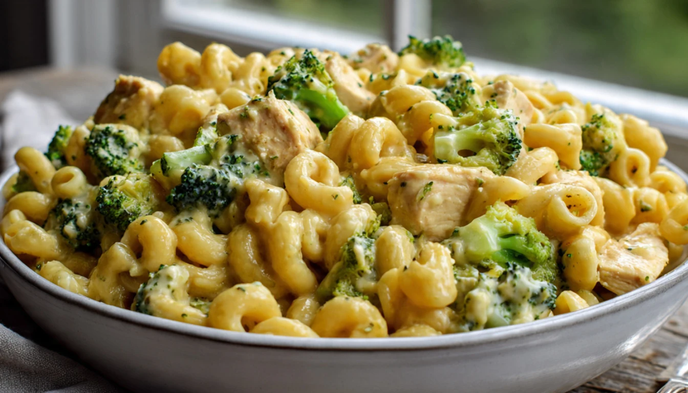 Creamy cheesy chicken broccoli mac in a white bowl with golden cheese sauce, tender chicken pieces, and bright green broccoli florets