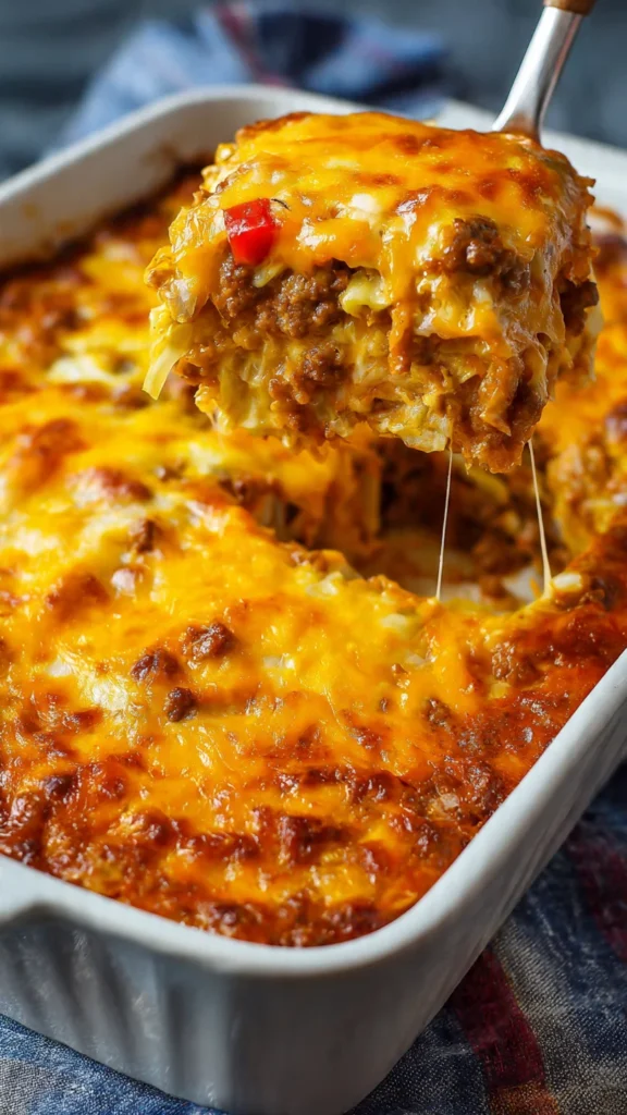 Cheesy ground beef and cabbage casserole in baking dish with melted cheese on top