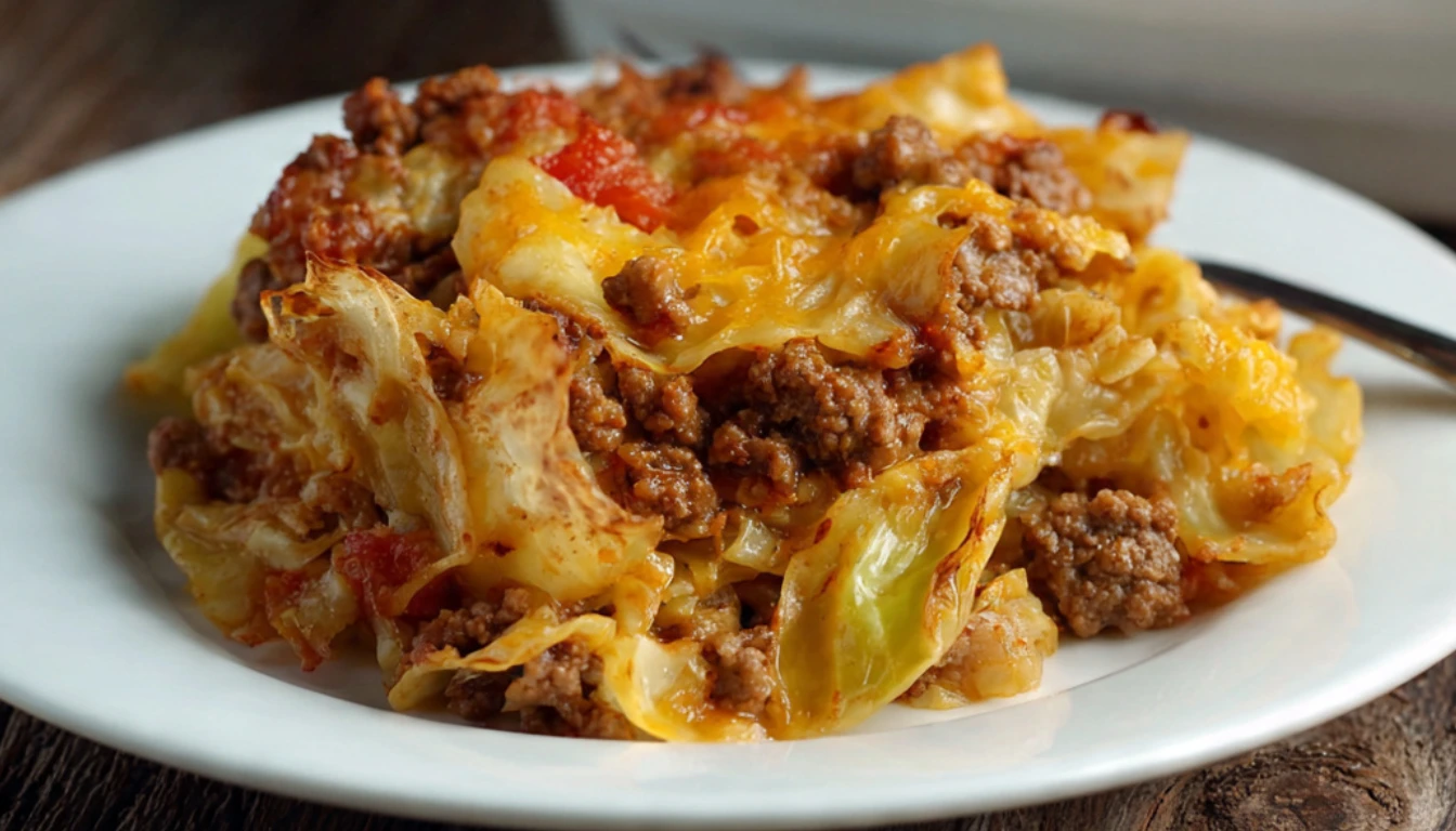 Cheesy ground beef and cabbage casserole in baking dish with melted cheese on top
