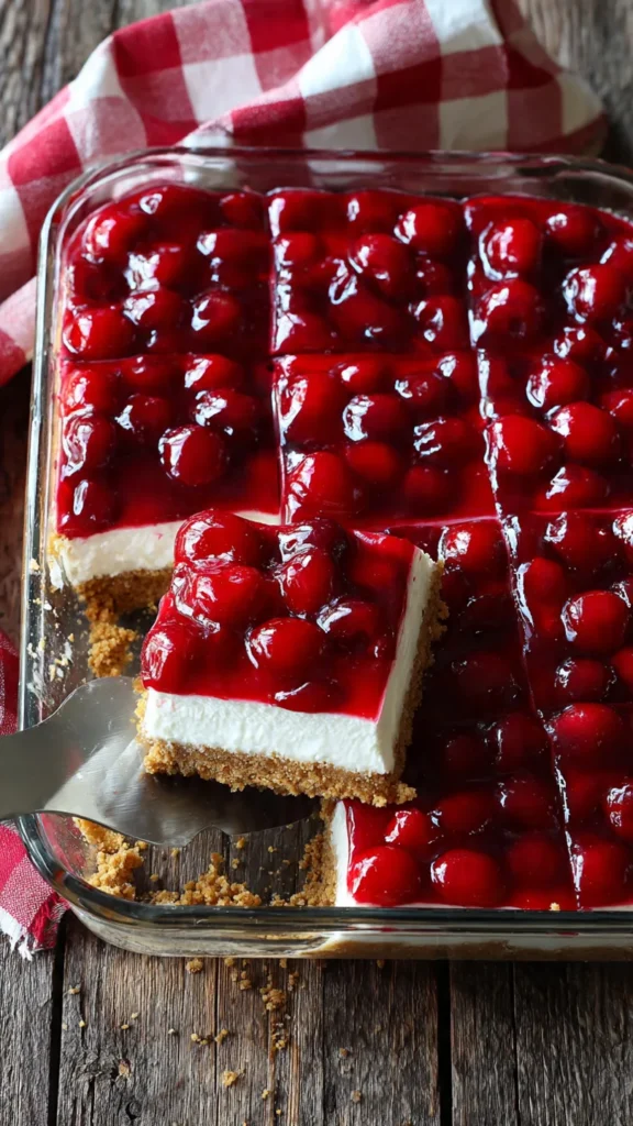 Cherries in the Snow dessert in a glass baking dish with glossy cherry topping over creamy white filling and graham cracker crust