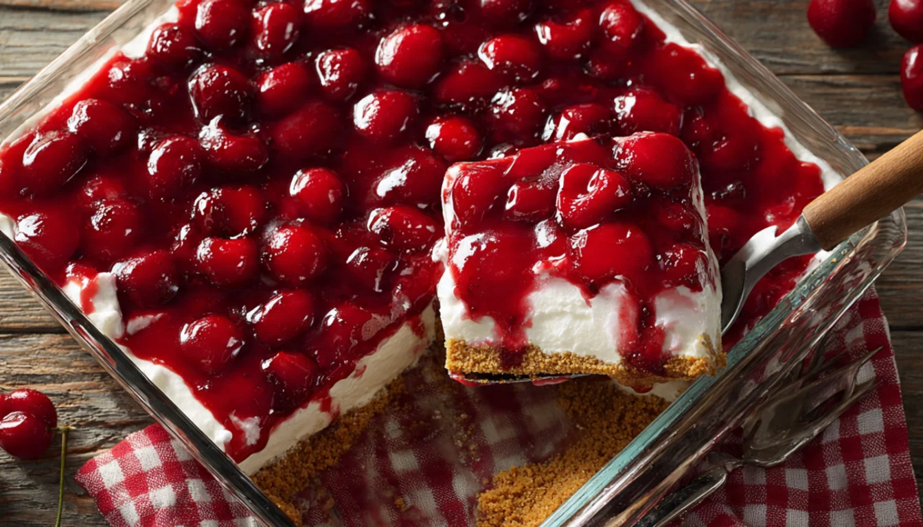 Cherries in the Snow dessert in a glass baking dish with glossy cherry topping over creamy white filling and graham cracker crust