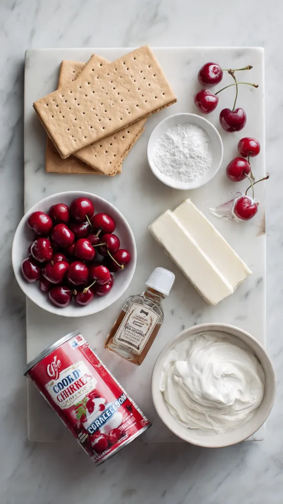 Ingredients for Cherries in the Snow including cream cheese, graham crackers, cherry pie filling, Cool Whip, and powdered sugar
