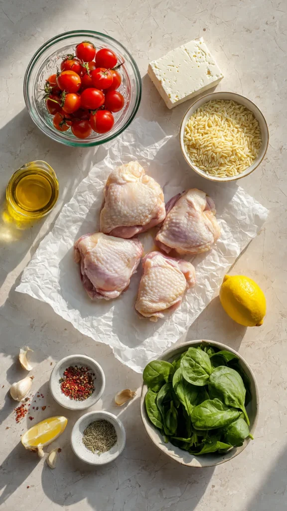 Ingredients for one-pot chicken orzo including chicken thighs, orzo pasta, cherry tomatoes, spinach, onion, garlic, and feta cheese