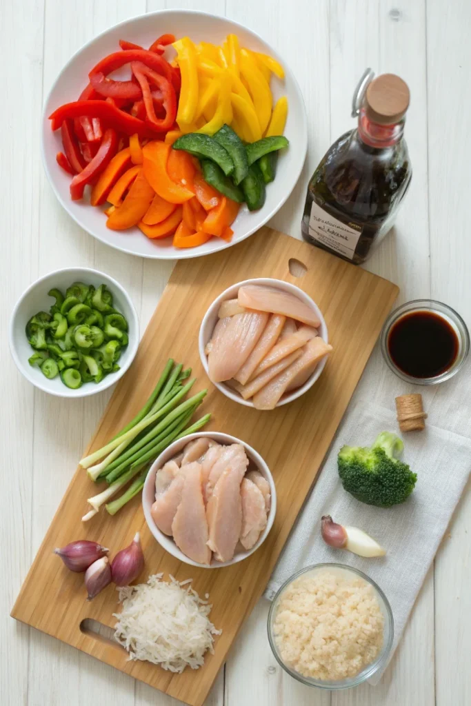 Ingredients for chicken veggie stir fry including sliced chicken, bell peppers, broccoli, soy sauce, and garlic