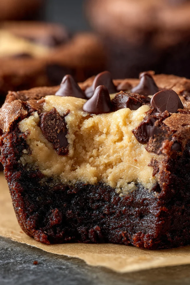 Chocolate chip cookie dough brownie bites cut into squares on a wooden cutting board showing fudgy brownie layer topped with edible cookie dough