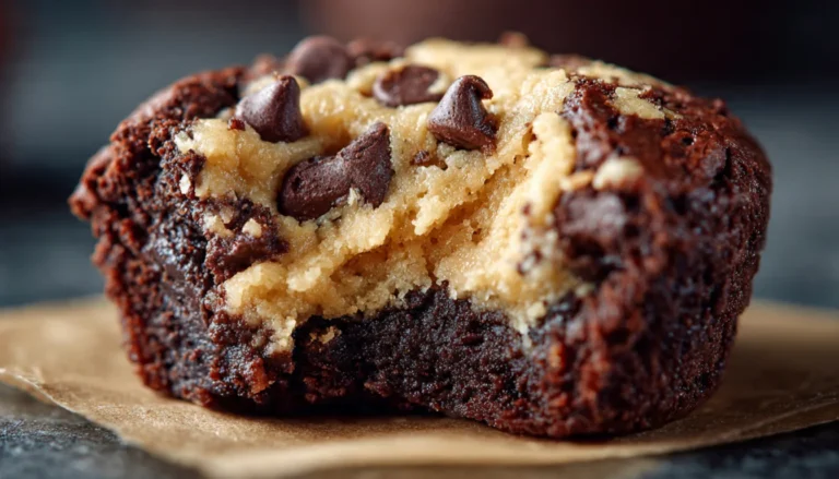 Chocolate chip cookie dough brownie bites cut into squares on a wooden cutting board showing fudgy brownie layer topped with edible cookie dough
