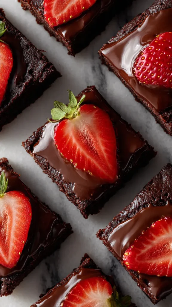 Chocolate-covered strawberry brownies cut into bars on marble surface