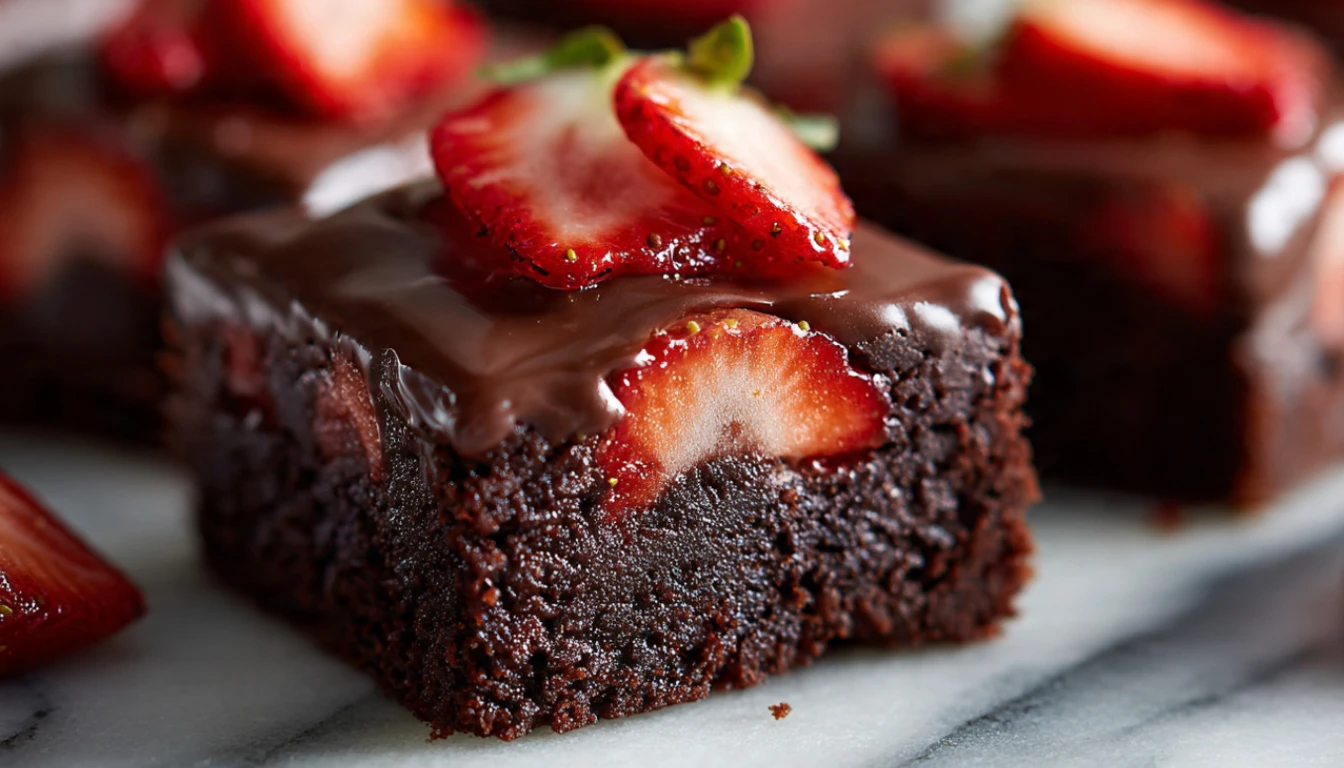 Chocolate-covered strawberry brownies cut into bars on marble surface