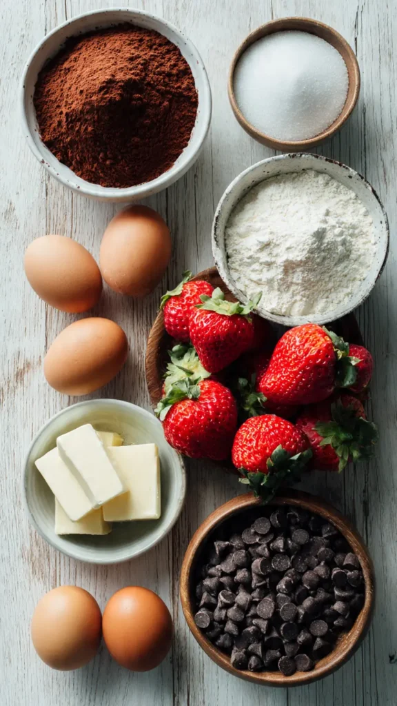 Brownie ingredients including cocoa, eggs, butter, strawberries and chocolate chips laid out on wood surface