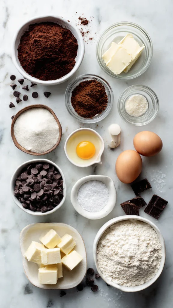 Ingredients for cookie dough brownie bites including cocoa powder, butter, brown sugar, eggs, mini chocolate chips, flour, and vanilla laid out on marble surface