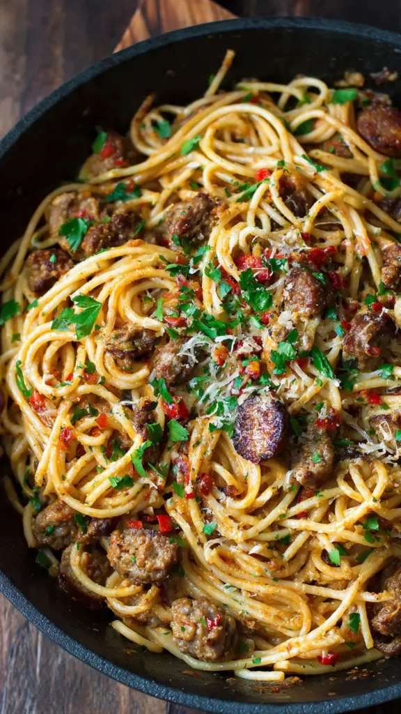 Creamy Cajun beef and sausage spaghetti in cast iron skillet with green onions and parmesan cheese