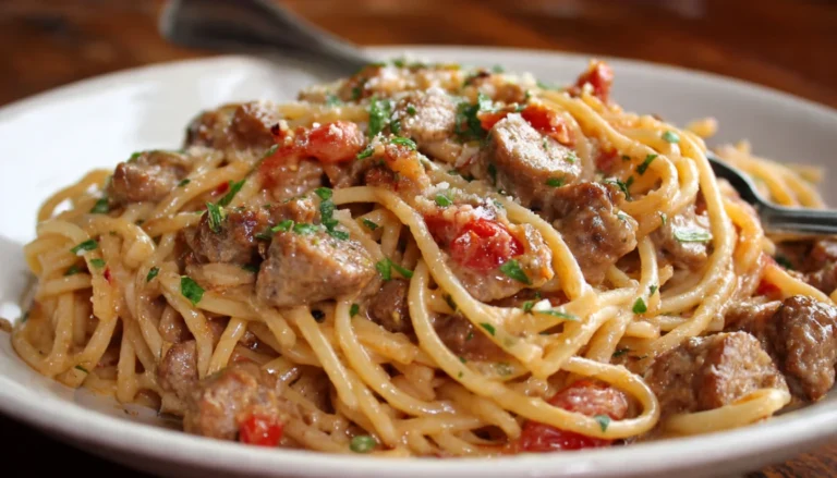 Creamy Cajun beef and sausage spaghetti in cast iron skillet with green onions and parmesan cheese