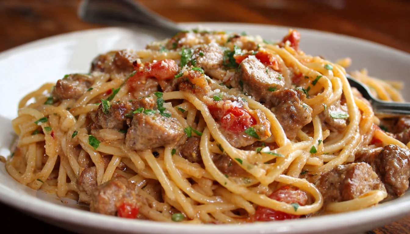 Creamy Cajun beef and sausage spaghetti in cast iron skillet with green onions and parmesan cheese