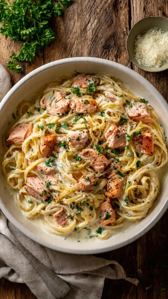 Creamy garlic butter salmon pasta served in a white bowl with flaked salmon chunks and fresh parsley