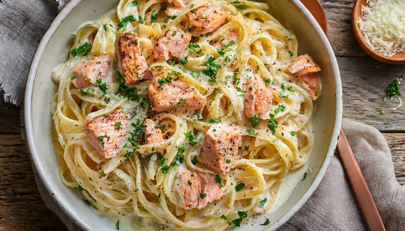 Creamy garlic butter salmon pasta served in a white bowl with flaked salmon chunks and fresh parsley
