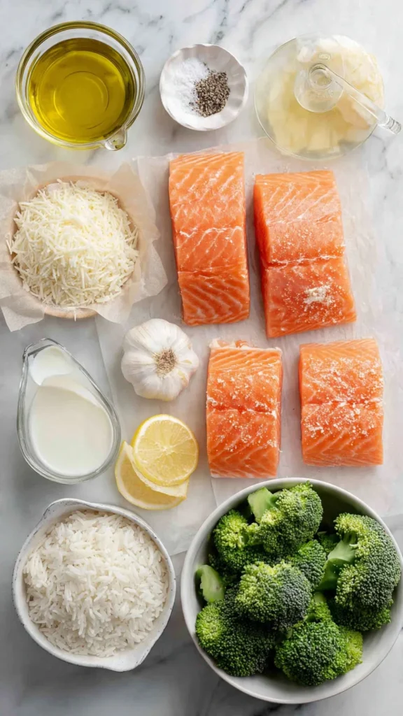 All ingredients for Creamy Garlic Salmon with Rice and Broccoli - salmon fillets, cream, garlic, Parmesan, broccoli, rice, olive oil